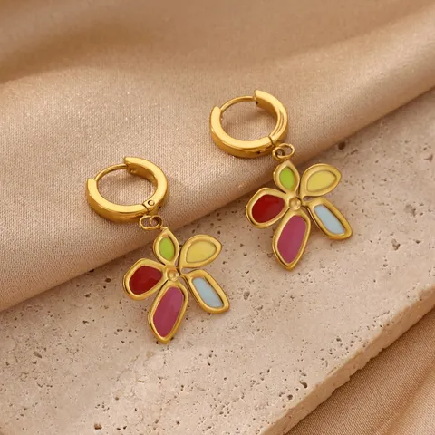 Stainless Steel Plated Gold Flower Drop Earrings Trendy Colorful Oil Drip Sun Star Moon Rhinestone Pearl Huggie Hoop Earrings Jewelry For Women