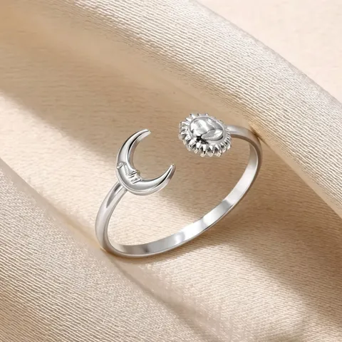 European Fashion 304 Stainless Steel Open Ring For Women Adjustable Moon Sun Star Rhinestone Geometric Flower Leaf Jewelry Finger Ring