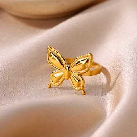 Exaggerated Personalized Texture 18K Gold Plated Stainless Steel Adjustable Open Ring For Women Vintage Butterfly Spider Jewelry