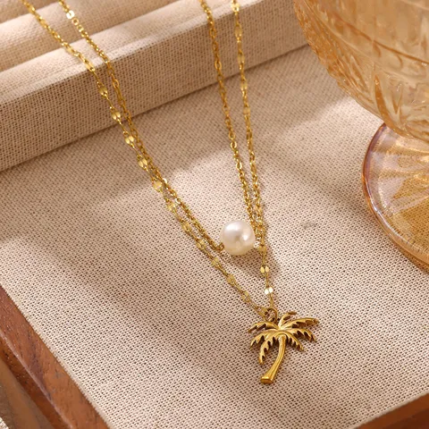 Collana con Ciondolo Albero di Cocco in Acciaio Inossidabile Multistrato Stile Spiaggia Oro Perla Artificiale Gioielli Donna