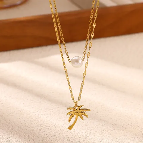 Collana con Ciondolo Albero di Cocco in Acciaio Inossidabile Multistrato Stile Spiaggia Oro Perla Artificiale Gioielli Donna