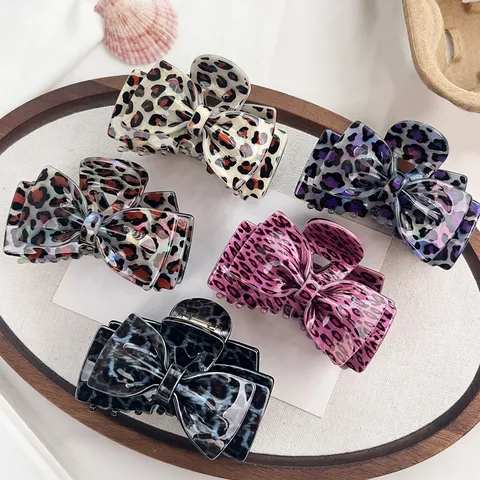 Korean Leopard Print Bow Hair Claw Clip Elegant Acetate Shark Clip Fashion Hair Accessories For Women Daily Party Styling