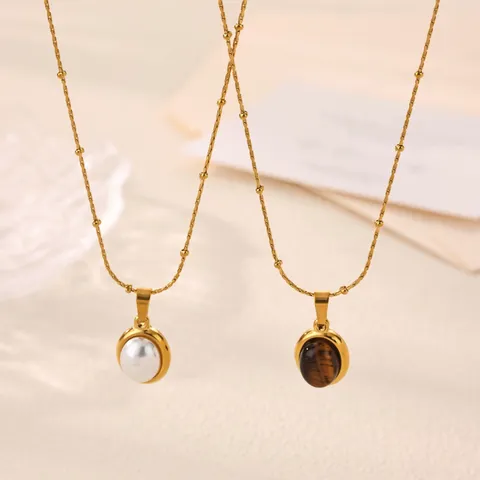Minimalist 304 Stainless Steel Pendant Necklace For Women Oval Artificial Pearl Amber Cat Eye Stone Satellite Clavicle Chain Jewelry