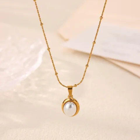 Minimalist 304 Stainless Steel Pendant Necklace For Women Oval Artificial Pearl Amber Cat Eye Stone Satellite Clavicle Chain Jewelry