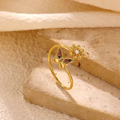 Stainless Steel Butterfly Flower Open Ring For Women Colorful Rhinestone Heart Evil Eye Adjustable Fashion Finger Ring Jewelry