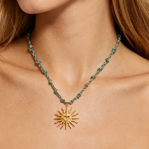 304 Stainless Steel Sun Heart Pendant Necklace Women Vintage Enamel Sunburst Mountain Bee Leaf Woven Rope Chain Necklace Jewelry