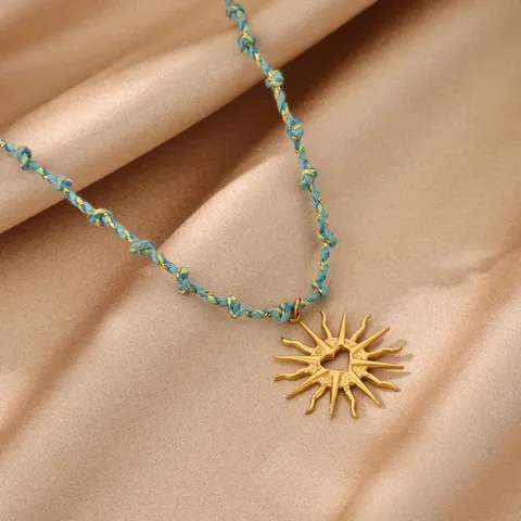 304 Stainless Steel Sun Heart Pendant Necklace Women Vintage Enamel Sunburst Mountain Bee Leaf Woven Rope Chain Necklace Jewelry