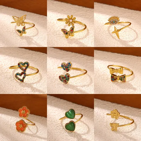 Stainless Steel Butterfly Flower Open Ring For Women Colorful Rhinestone Heart Evil Eye Adjustable Fashion Finger Ring Jewelry