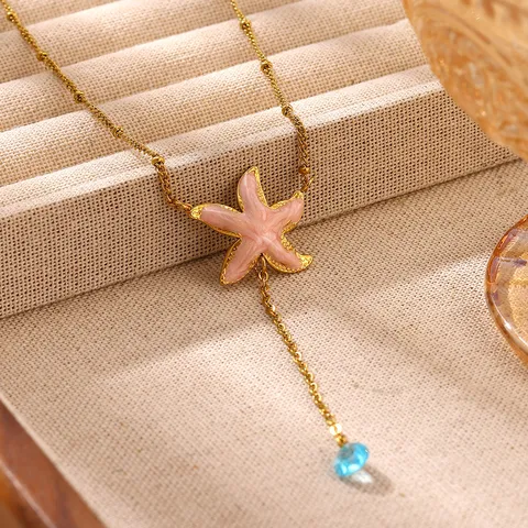 Vintage Starfish Strawberry Pendant 304 Stainless Steel 18K Gold Plated Necklace Ocean Enamel Drip Jewelry With Artificial Pearl For Women