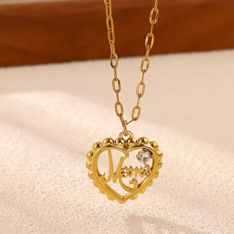 Vintage Stainless Steel Gold Plated Heart Rhinestone Pendant Necklace Earrings Jewelry Set Hollow Carved Mom Letter Charms Gift For Women