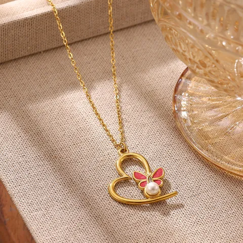304 Stainless Steel Drip Oil Heart Lobster Sun Pendant Necklace Rhinestone Artificial Pearl Clavicle Chain Jewelry For Women