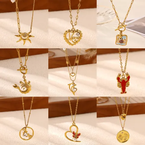 304 Stainless Steel Drip Oil Heart Lobster Sun Pendant Necklace Rhinestone Artificial Pearl Clavicle Chain Jewelry For Women