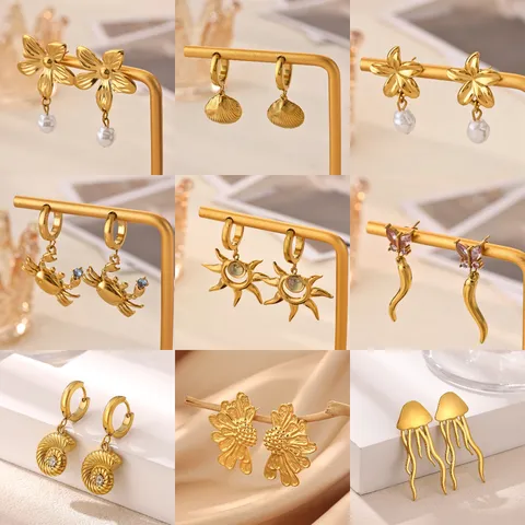 Stainless Steel 18K Gold Plated Sunflower Shell Earrings For Women Artificial Pearl Rhinestone Drop Earrings Fashion Jewelry
