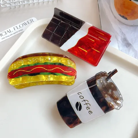 Pince À Cheveux En Acrylique Créative Forme De Nourriture Pour Femme Hot Dog Tasse De Café Chocolat Accessoire De Cheveux