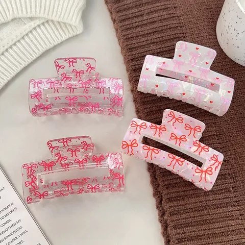Cute Transparent PVC Hair Claw Clip Sweet Bowknot Heart Cherry Polka Dot Square Hair Clamp For Women Valentine Day Daily Decor