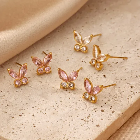 18K Gold Plated 304 Stainless Steel Butterfly Flower Stud Earrings For Women Multi Color Rhinestone Clover Earrings Jewelry