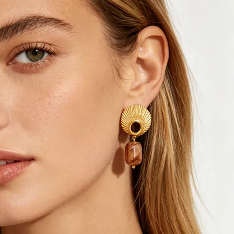 Vintage Shell Texture Drop Earrings 304 Stainless Steel 18K Gold Plated Amber Resin Stud Earrings For Women Jewelry Gift