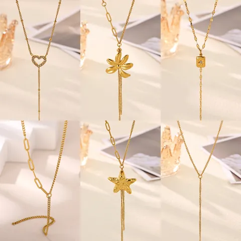 Fashion 304 Stainless Steel Long Y Chain Necklace For Women Gold Plated Rhinestone Heart Sunflower Starfish Pendant Sweater Chain Necklace Jewelry Gift