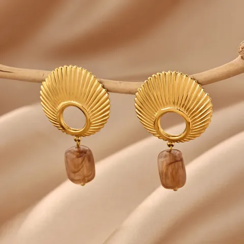Vintage Shell Texture Drop Earrings 304 Stainless Steel 18K Gold Plated Amber Resin Stud Earrings For Women Jewelry Gift