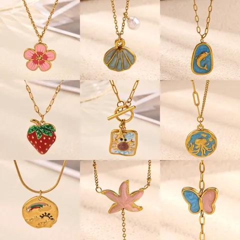 Vintage Starfish Strawberry Pendant 304 Stainless Steel 18K Gold Plated Necklace Ocean Enamel Drip Jewelry With Artificial Pearl For Women