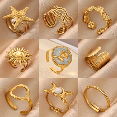 18K Gold Plated Stainless Steel Open Ring For Women Minimalist Geometric Floral Butterfly Heart Star Moon Adjustable Jewelry Finger Ring
