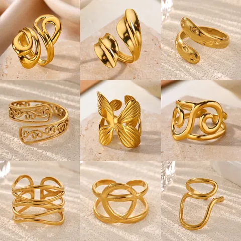 18K Gold Plated Stainless Steel Open Ring For Women Minimalist Geometric Leaf Adjustable Finger Ring Fashion Jewelry Accessory