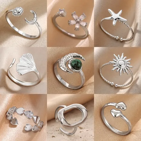 European Fashion 304 Stainless Steel Open Ring For Women Adjustable Moon Sun Star Rhinestone Geometric Flower Leaf Jewelry Finger Ring