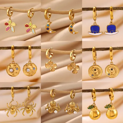 Stainless Steel Plated Gold Flower Drop Earrings Trendy Colorful Oil Drip Sun Star Moon Rhinestone Pearl Huggie Hoop Earrings Jewelry For Women