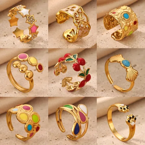 Stainless Steel 18K Gold Plated Enamel Open Ring Colorful Dopamine Geometric Finger Jewelry For Women Summer Fashion New
