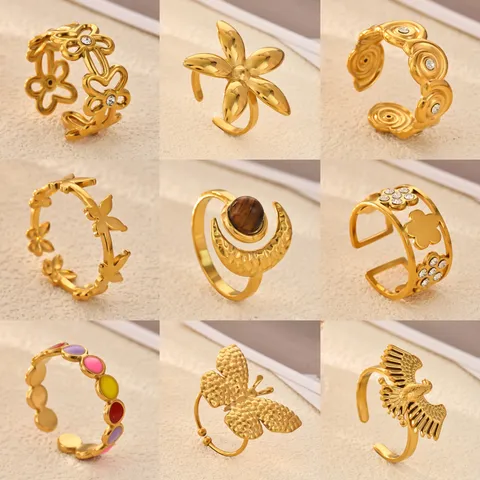 18K Gold Plated Stainless Steel Open Ring For Women Geometric Floral Butterfly Open Adjustment Rhinestone Ring Fashion INS Jewelry Gift