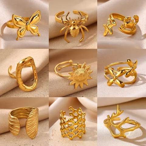 Exaggerated Personalized Texture 18K Gold Plated Stainless Steel Adjustable Open Ring For Women Vintage Butterfly Spider Jewelry
