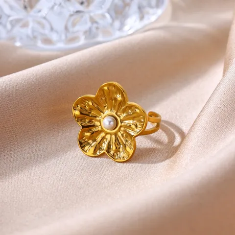 Retro 18K Gold Plated 304 Stainless Steel Sunflower Open Ring For Women Elegant Artificial Pearl Adjustable Floral Finger Ring Jewelry