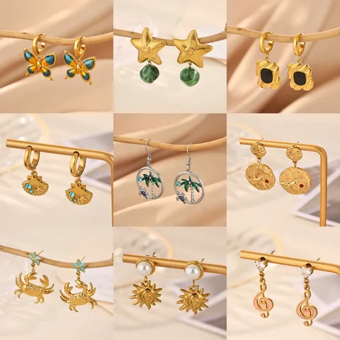 18K Gold Plated Stainless Steel Drop Earrings For Women Luxury Butterfly Floral Rhinestone Artificial Pearl Enamel Hoop Earrings Jewelry