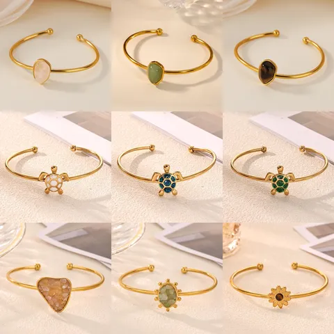 Minimalist Stainless Steel Open Bangle For Women Gold Plated Imitation Jade Turtle Pendant Sunflower Geometric Cuff Bracelet Party Jewelry Gift