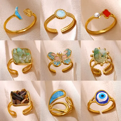 18K Gold Plated Stainless Steel Open Ring For Women Evil Eye Butterfly Clover Shell Colorful Enamel Adjustable Finger Ring Jewelry
