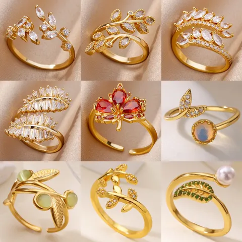 French Vintage Copper Zirconia Open Leaf Branch Ring Adjustable Plant Leaf Finger Band Ring For Women Fine Elegant Jewelry Gift