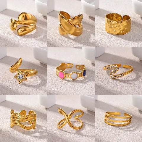 18K Gold Plated Stainless Steel Open Ring For Women Adjustable Geometric Rhinestone Enamel Creative Beach Fashion Jewelry Finger Ring Gift