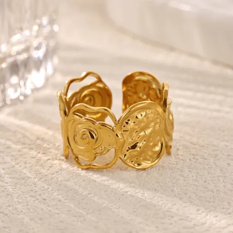 French Vintage 304 Stainless Steel Leaf Geometric Open Ring 18K Gold Plated Adjustable Titanium Steel Finger Ring For Women