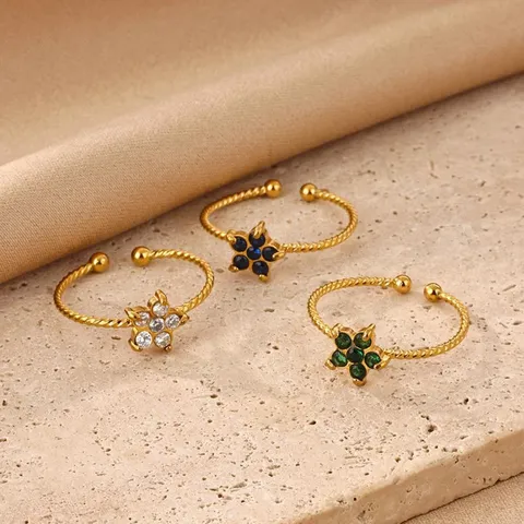 Elegant 18K Gold Plated 304 Stainless Steel Flower Open Ring For Women Colorful Rhinestone Adjustable Finger Ring Jewelry Accessories
