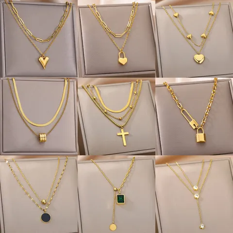 Stainless Steel Multi Layered Heart Moon Cross Pendant Necklace For Women Gold Plated Light Luxury Rhinestone Choker Neck Jewelry Accessory