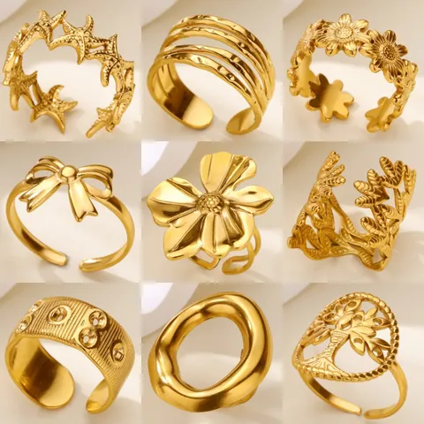 Vintage 304 Stainless Steel Open Ring For Women Fashion Flower Starfish Geometric Adjustable Ring Gold Silver Jewelry Gift