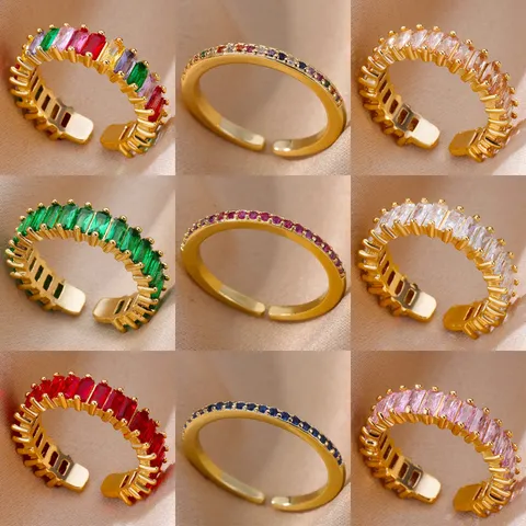 Fashion Zirconia Open Ring For Women Exquisite Geometric Baguette Cut Pavé Adjustable Finger Ring Light Luxury Jewelry Gift