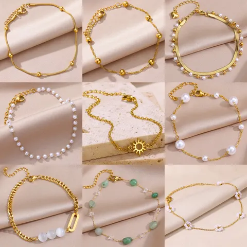 Minimalist Stainless Steel Snake Chain Anklet For Women Gold Silver Electroplated Artificial Pearl Bead Sun Heart Charm Foot Chain Jewelry Gift
