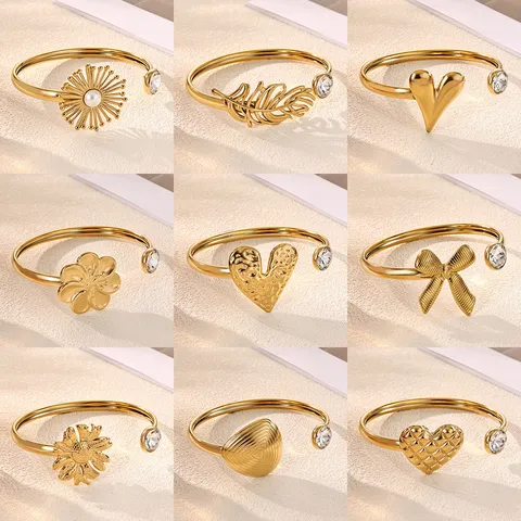 Ins Style Stainless Steel Open Cuff Bracelet For Women 18K Gold Plated Rhinestone Heart Floral Feather Cuff Bangle Party Jewelry Gift