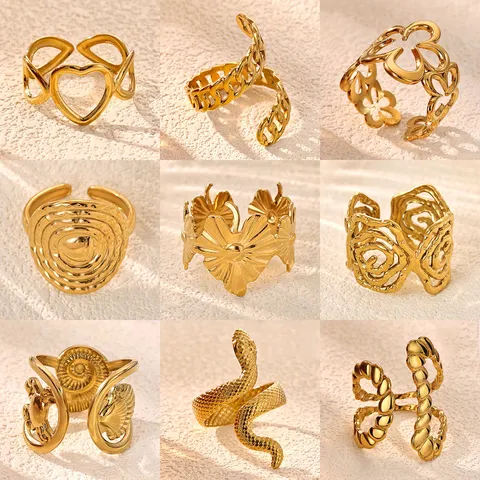 Stainless Steel Gold Plated Open Rings For Women Minimalist Adjustable Heart Snake Leaf Geometric Finger Ring Jewelry Gift