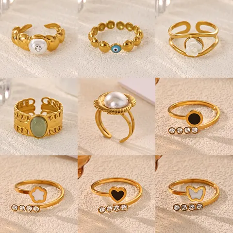 Stainless Steel 18K Gold Plated Open Ring For Women Minimalist Geometric Evil Eye Heart Flower Rhinestone Adjustable Finger Ring Daily Jewelry