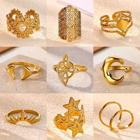 Fashion Stainless Steel 18K Gold Plated Open Rings For Women Hollow Out Geometric Floral Sunflower Adjustable Finger Ring Hand Jewelry