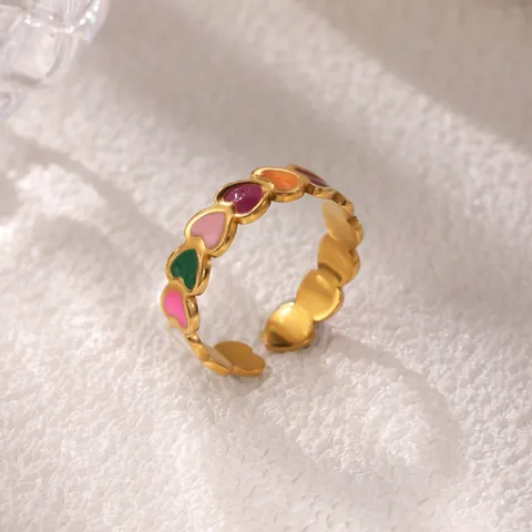 Stainless Steel Open Ring For Women 18K Gold Plated Minimalist Fashion Heart Floral Pearl Enamel Adjustable Summer Beach Jewelry
