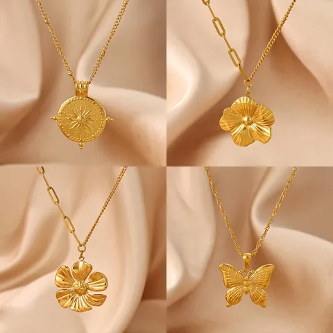 Elegant Stainless Steel Pendant Necklace Gold Plated Flower Compass Butterfly Pendant Necklaces Jewelry For Women Daily