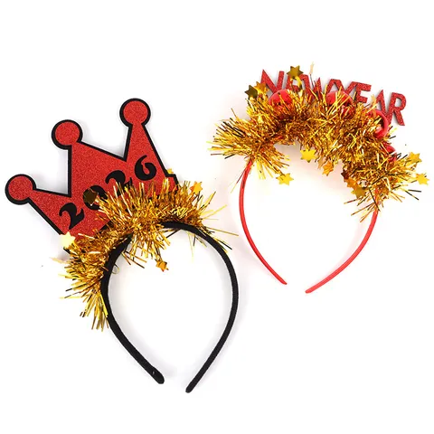 Bandeau du Nouvel An Paillettes Brillantes Pompons Lettre Bonne Année Cerceau de Cheveux Fête Festif Photo Accessoires de Cheveux